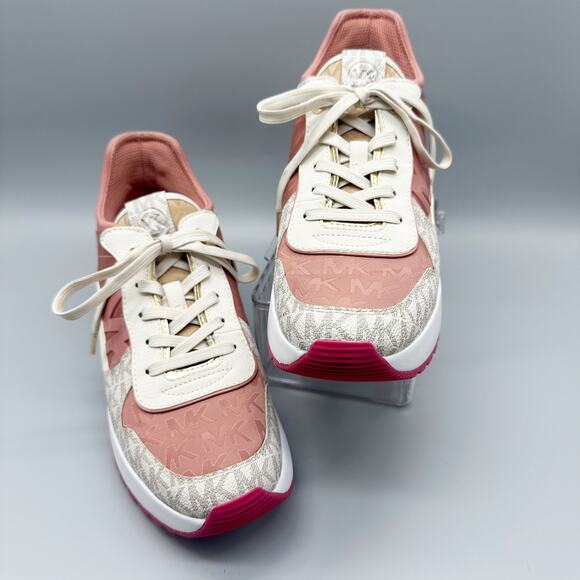 Michael Kors Muse Mixed-Media Trainers Pink Logo Canvas Sneakers Size 9 - Picture 2 of 10